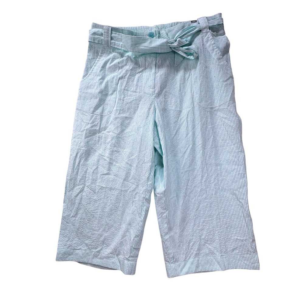 BFA Classics Seersucker Capri Pants Women 18W Aqua Striped Belted Coastal Preppy
